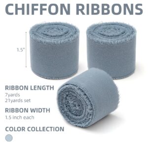 KEOSREE 3 Rolls Dusty Blue Handmade Chiffon Ribbon,1.5" x 21Yd Frayed Fringe Silk Ribbons (3 Rolls *7Yd) for Gifts Wrapping, Wedding Invitations, Bridal Bouquets, Decorations