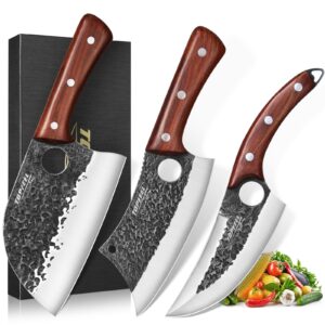 topfeel 3pcs butcher knife set, hand forged serbian chef knife & meat cleaver knife & viking knives, meat cutting kitchen knife set for home, outdoor cooking, camping bbq gift idea men