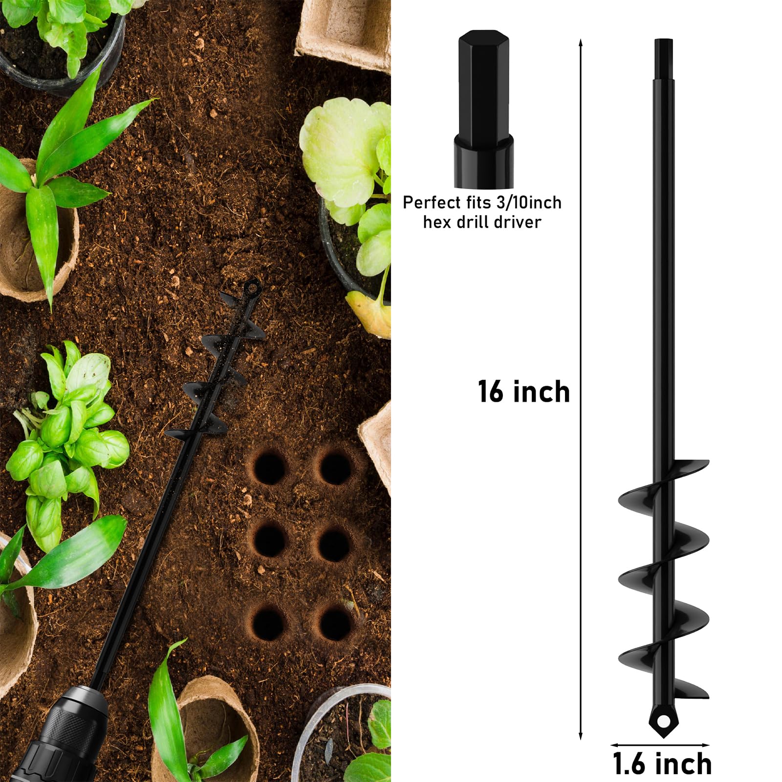 HOOPLE Garden Auger Drill Bit for Planting. Auger Drill Bit Plant Flower Bulb Auger Hole Drill Bulb Planter Auger for 3/8" Hex Drive Drill. (1.6"x16"+ 3.5"x16")