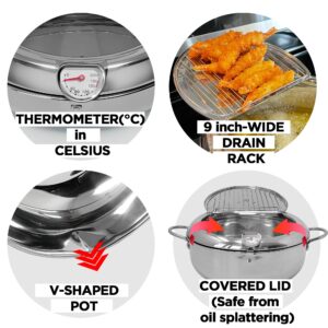 Saltlas Deep Fryer Pot (°C), 11"/4.4Qt (4.2 L) Extra Large Tempura Frying Pot with Lid, 304 Stainless Steel Fry Pot with Temperature Control and Oil Drip Drain Rack