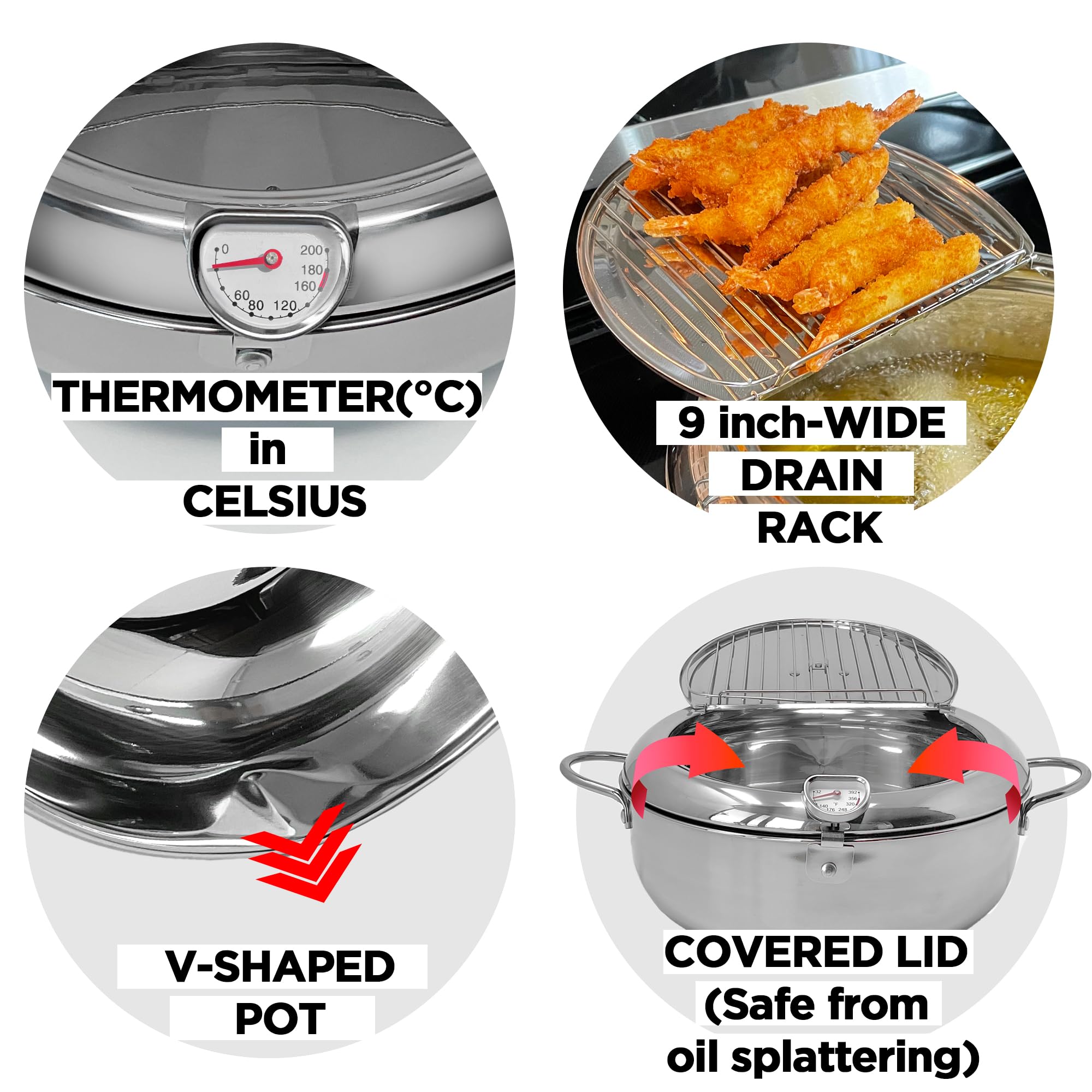 Saltlas Deep Fryer Pot (°C), 11"/4.4Qt (4.2 L) Extra Large Tempura Frying Pot with Lid, 304 Stainless Steel Fry Pot with Temperature Control and Oil Drip Drain Rack