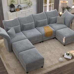 LLappuil Chenille Sectional Couch U Shaped 7 Seater Deep Modular Sectional Sofa with Storage and Adjustable Armrest Backrest, Large Sectional Sleeper Sofa Set, Grey