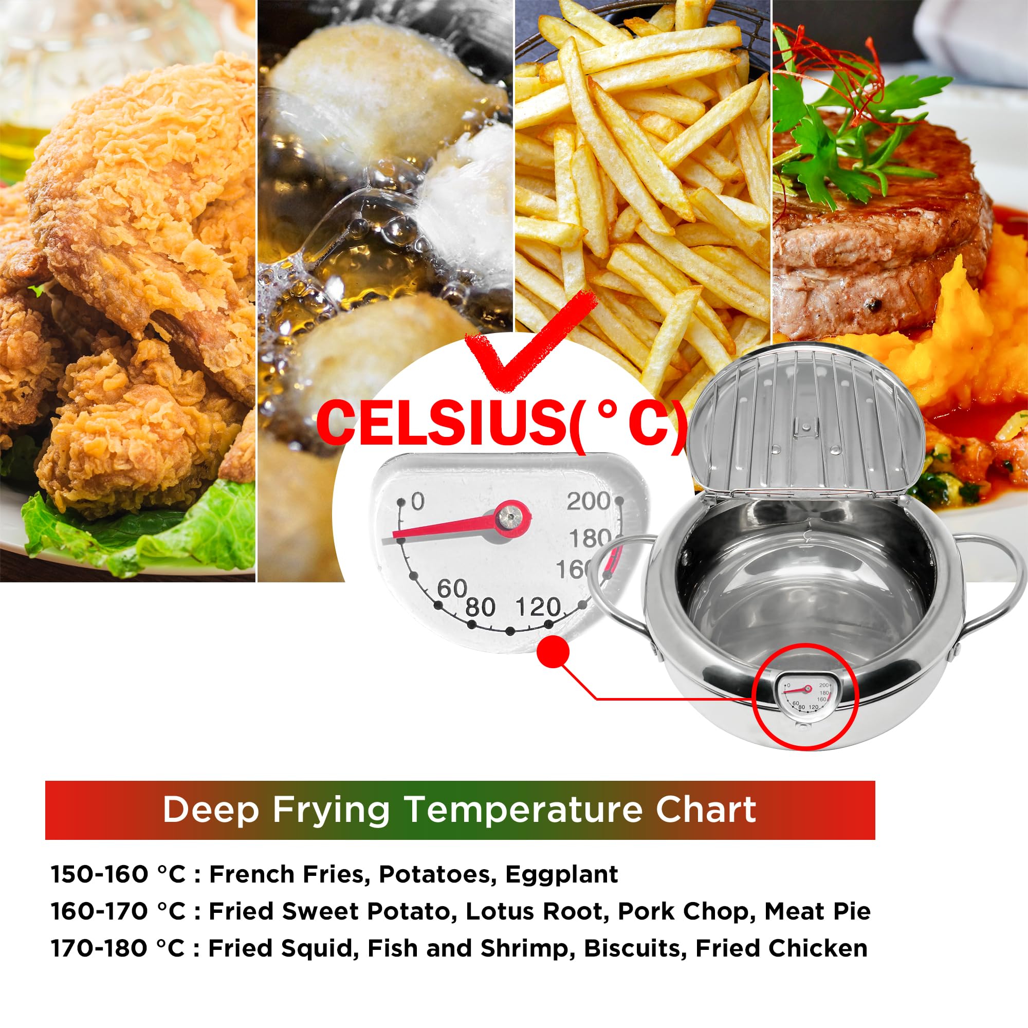 Saltlas Deep Fryer Pot (°C), 11"/4.4Qt (4.2 L) Extra Large Tempura Frying Pot with Lid, 304 Stainless Steel Fry Pot with Temperature Control and Oil Drip Drain Rack