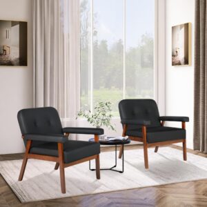 STHOUYN Mid Century Faux Leather Black Accent Chairs Set of 2 with Wood Arms, Comfy Reading Chair Small Spaces, Armchair Comfortable Chairs Living Room Bedroom Office, Easy Assembly (2, Black)