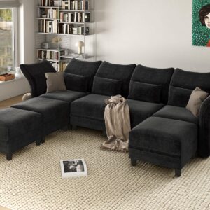 LLappuil Black Sectional Couch U Shaped 7 Seats, Chenille Sectionals Sofa Large Modular Sectional Sofa for Living Room with Reversible Chaise, Storage Seat, Deep Cushion