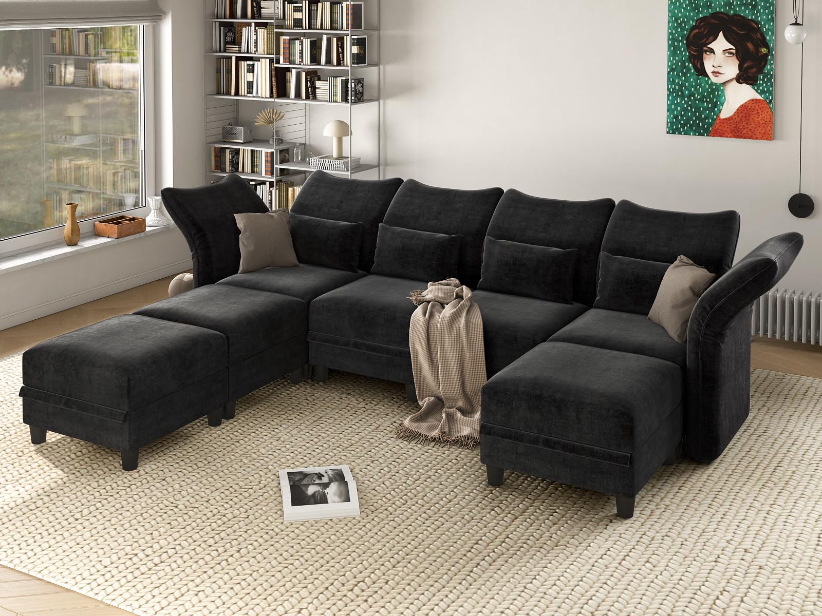 LLappuil Black Sectional Couch U Shaped 7 Seats, Chenille Sectionals Sofa Large Modular Sectional Sofa for Living Room with Reversible Chaise, Storage Seat, Deep Cushion