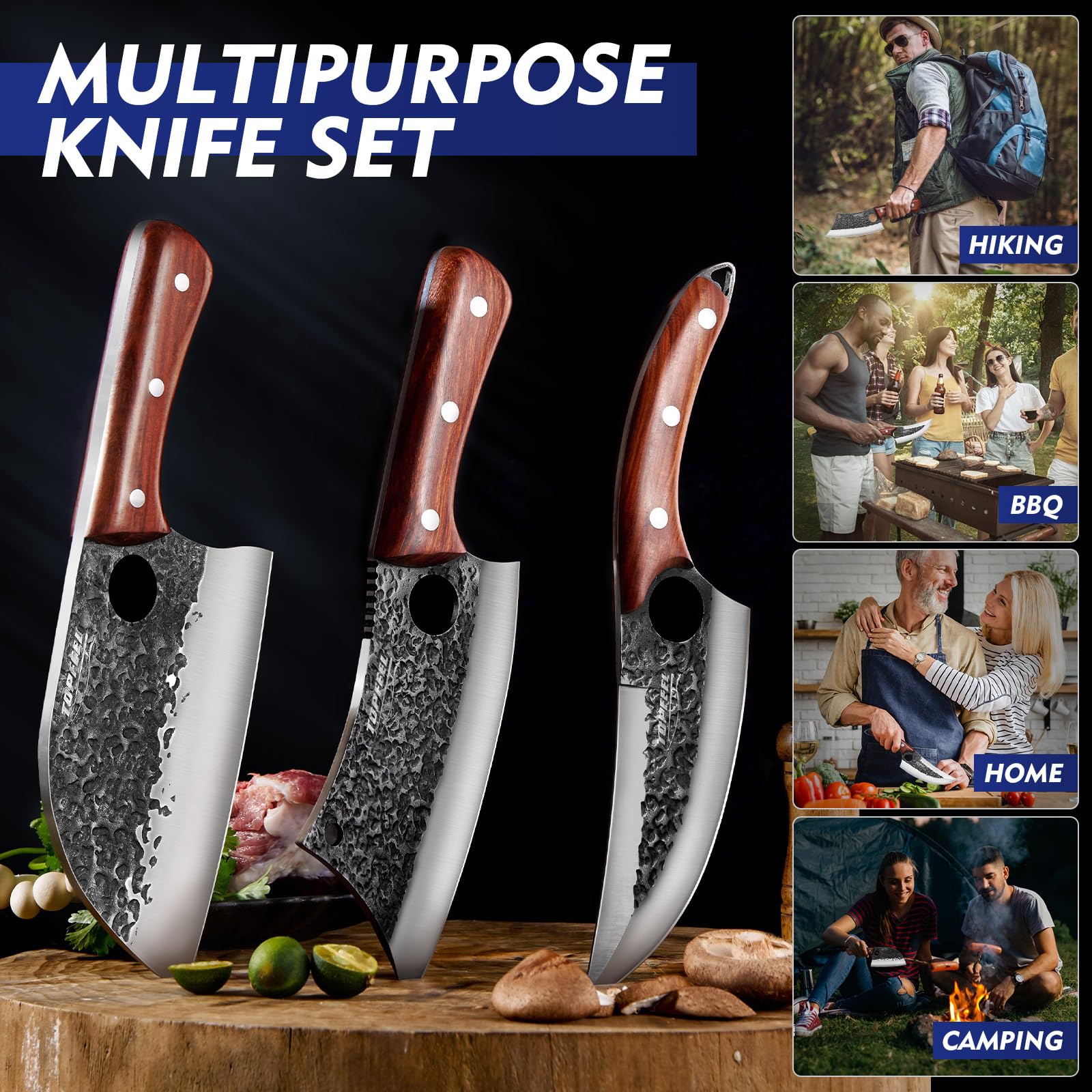 Topfeel 3PCS Butcher Knife Set, Hand Forged Serbian Chef Knife & Meat Cleaver Knife & Viking Knives, Meat Cutting Kitchen Knife Set for Home, Outdoor Cooking, Camping BBQ Gift Idea Men