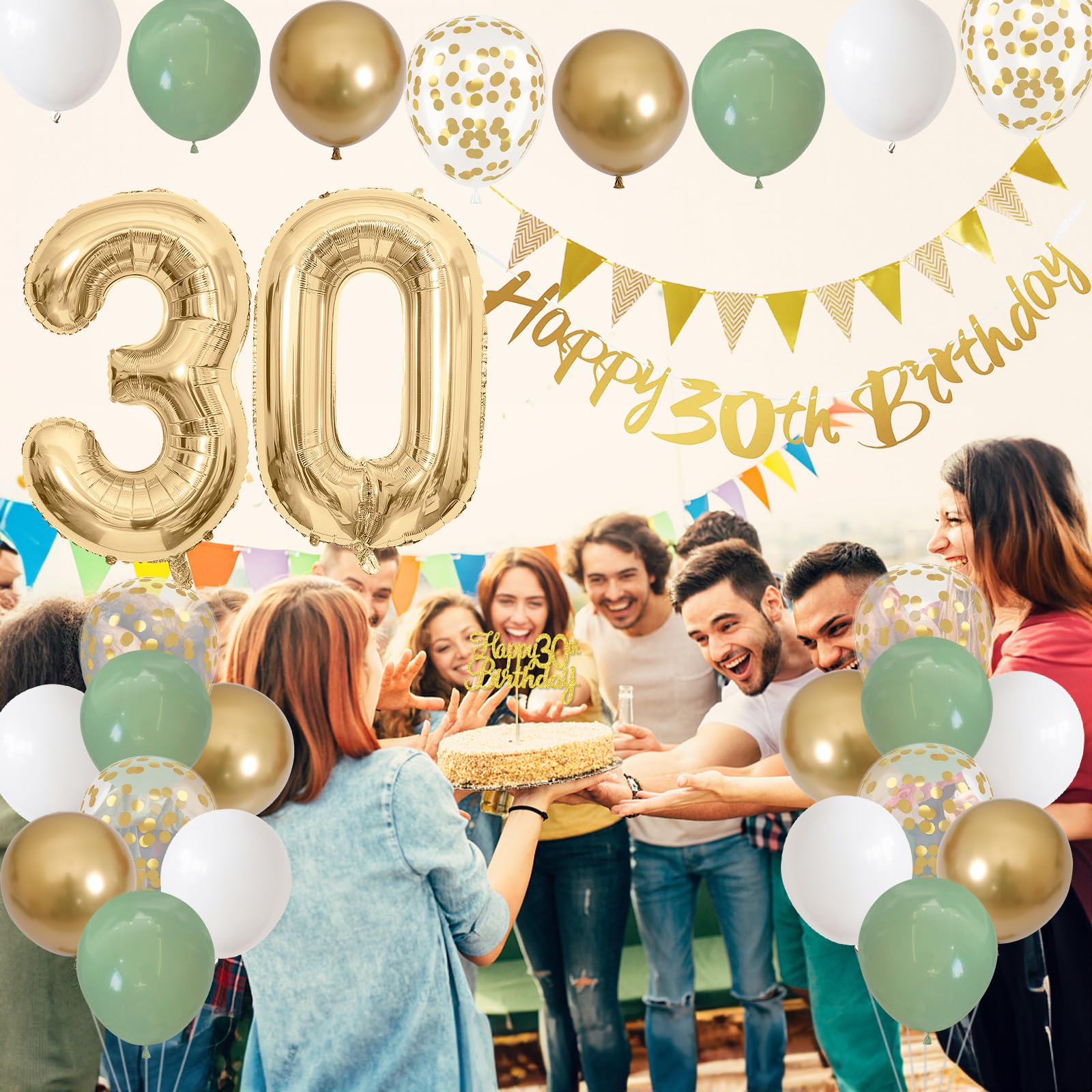 30th Birthday Decorations for Women Men, Happy 30th Birthday Banner with Birthday Cake Topper Number 30 Foil Balloon Sage Green White Gold Birthday Balloons for 30 Year Old Birthday Party Decoration