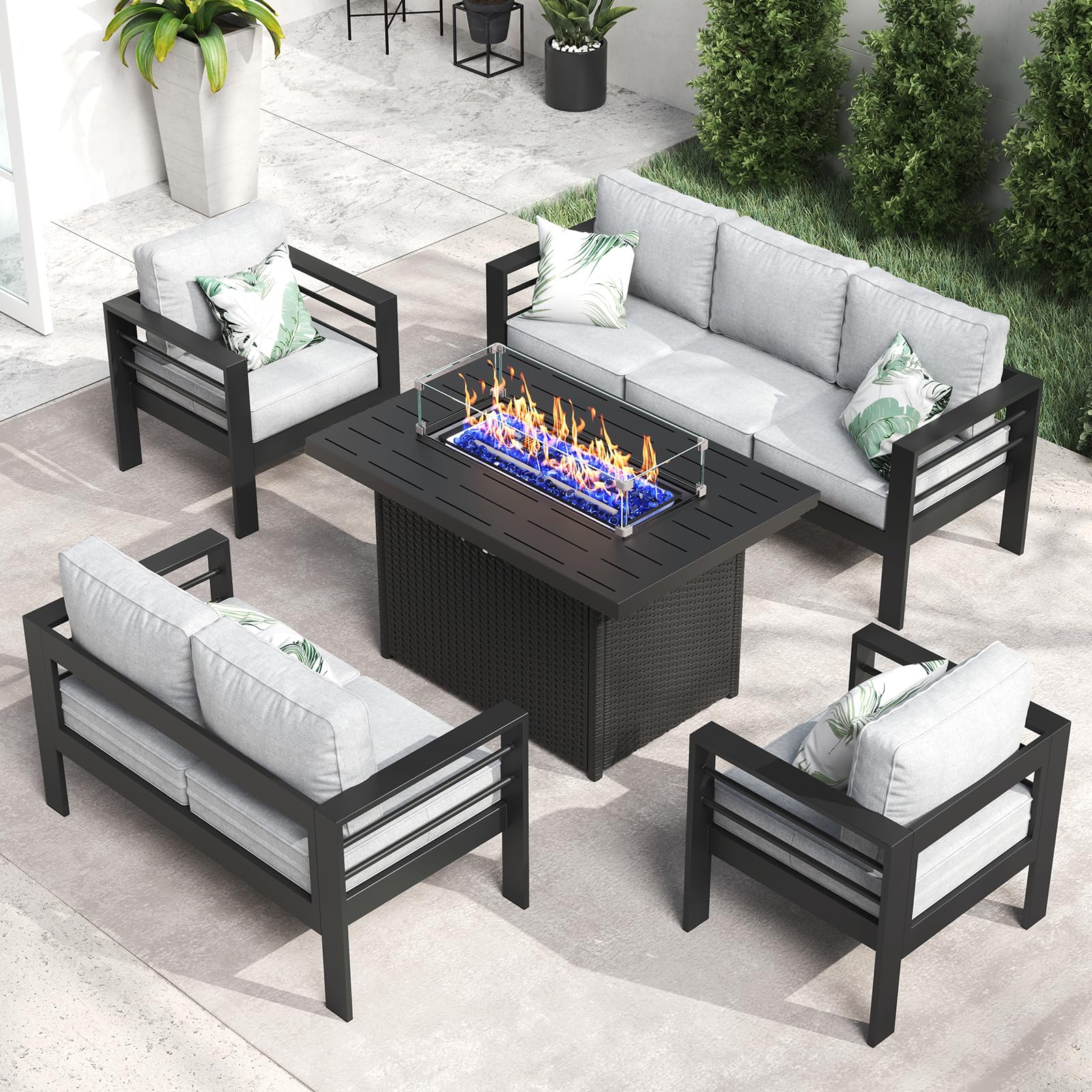 LayinSun Aluminum Furniture Set with Fire Pit Table, 5 Pieces Patio Sectional Conversation Chat Sofa Modern Seating Set