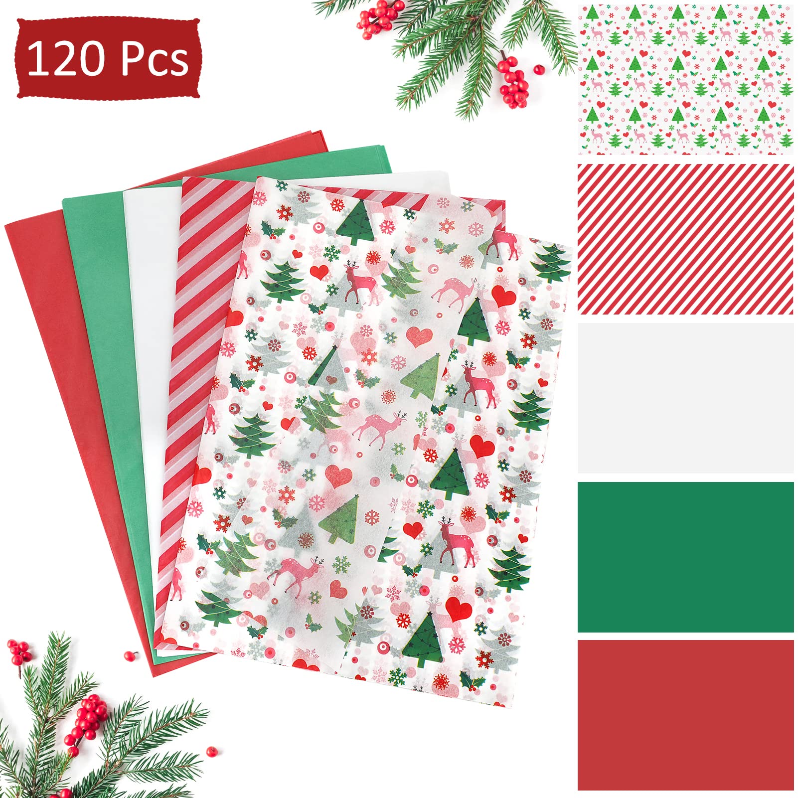 LOADSFUN Christmas Tissue Paper for Gift Bags, 120 Sheets Christmas Wrapping Paper Bulk Assorted Design Tissue Paper, Red Green White Tissue Paper for Xmas Decor Holiday Crafts (Santa Elk)