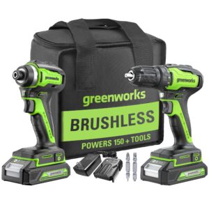 greenworks 24v brushless cordless drill and impact driver,power tool combo kit included 1/2”drill & 1/4”hex impact driver and (2) batteries, fast charger, 2 pcs drill bit set & bag