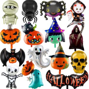 halloween balloons - 15 pcs halloween foil balloons, bat ghost pumpkin spider skull specter witch vampire foil 3d balloon kit decorations, halloween decorations for birthday party school home decor