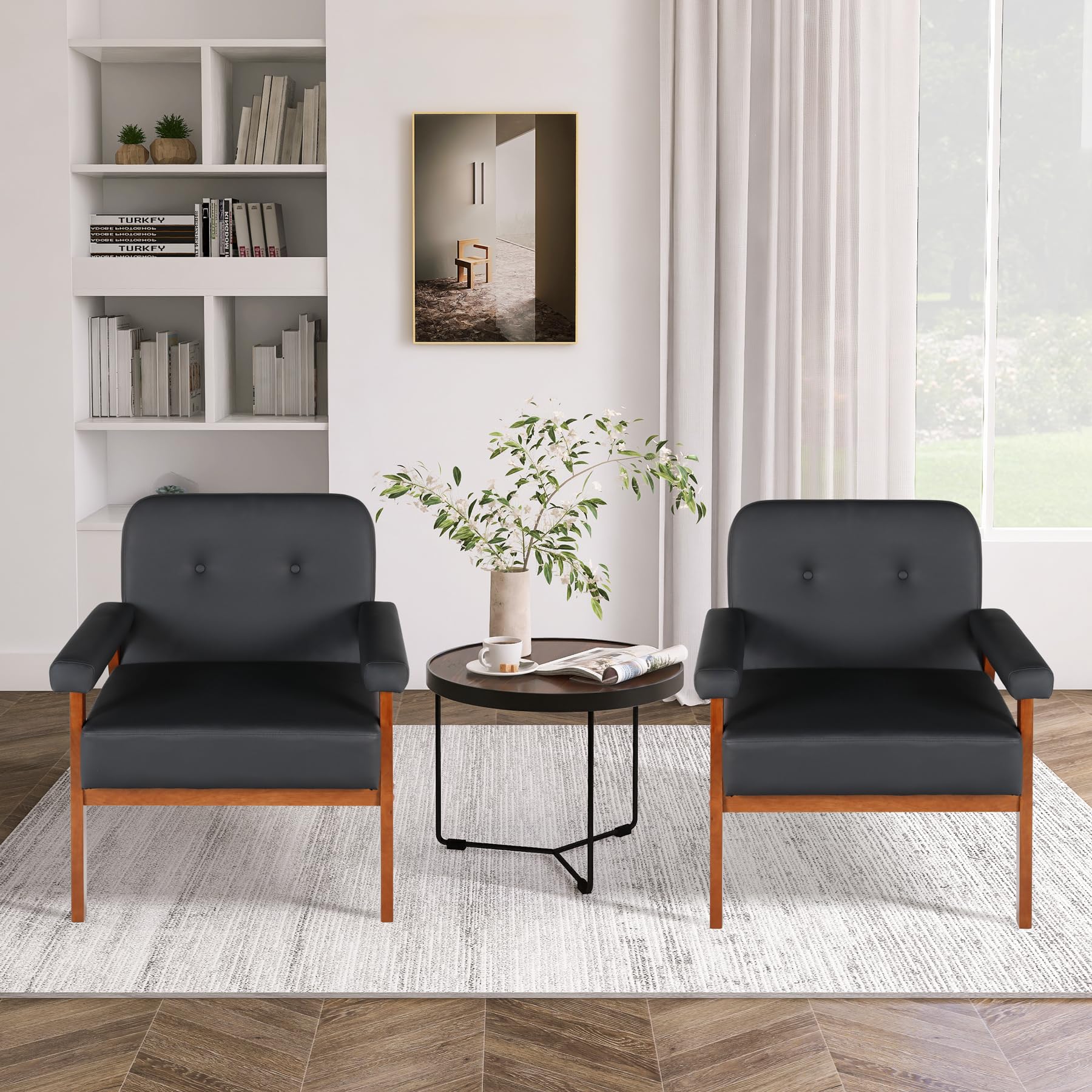 STHOUYN Mid Century Faux Leather Black Accent Chairs Set of 2 with Wood Arms, Comfy Reading Chair Small Spaces, Armchair Comfortable Chairs Living Room Bedroom Office, Easy Assembly (2, Black)