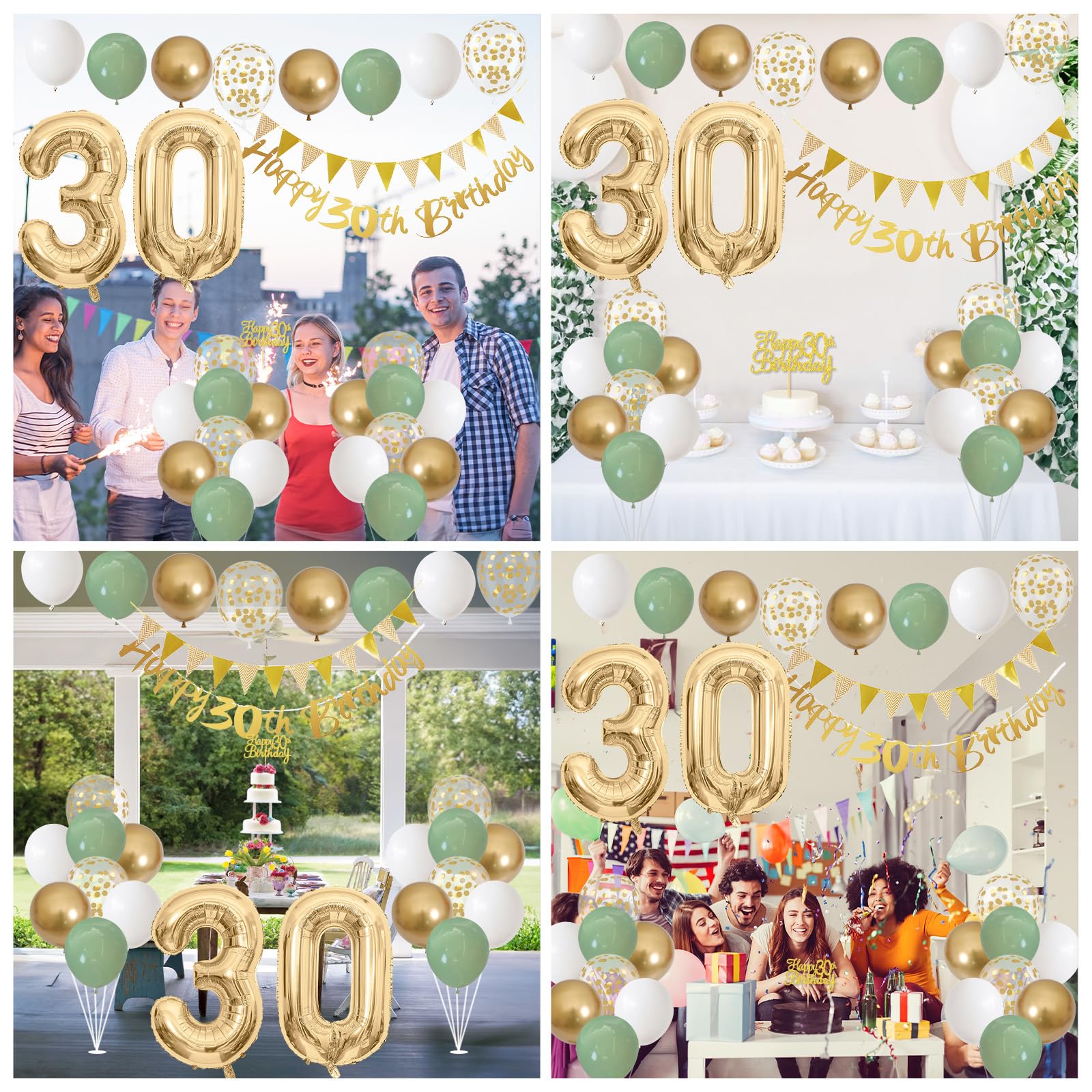 30th Birthday Decorations for Women Men, Happy 30th Birthday Banner with Birthday Cake Topper Number 30 Foil Balloon Sage Green White Gold Birthday Balloons for 30 Year Old Birthday Party Decoration