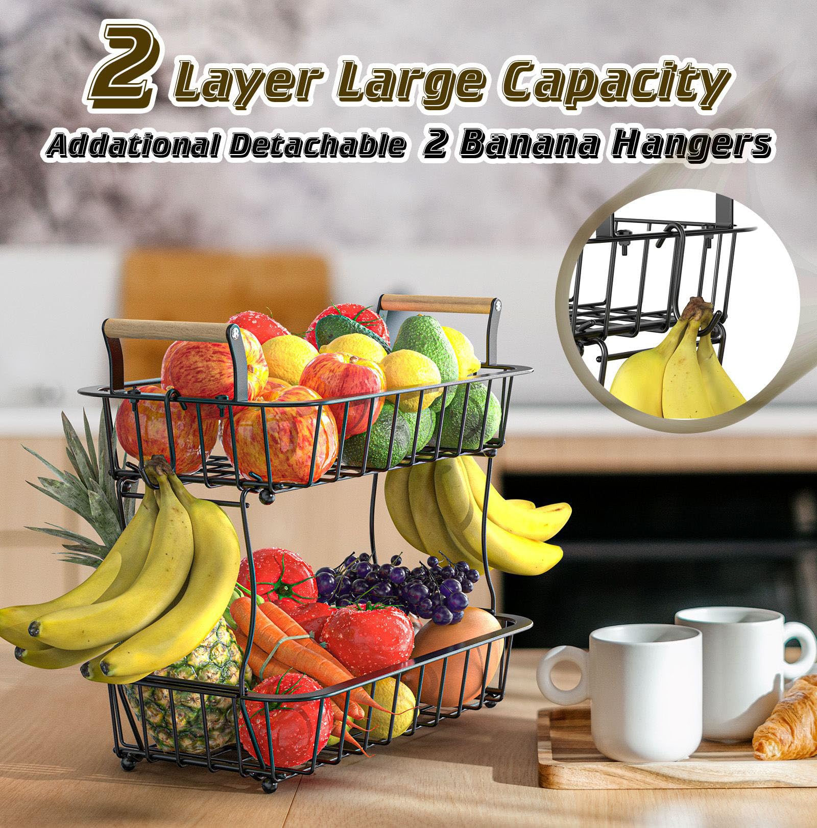 Crixny 2 Tier Fruit Basket for Kitchen Counter with 2 Banana Hangers, Fruit Bowl for Kitchen Counter, Large Fruit Basket Stand, Fruit and Vegetable Storage Fruit Holder for Produce Snack Onion Bread