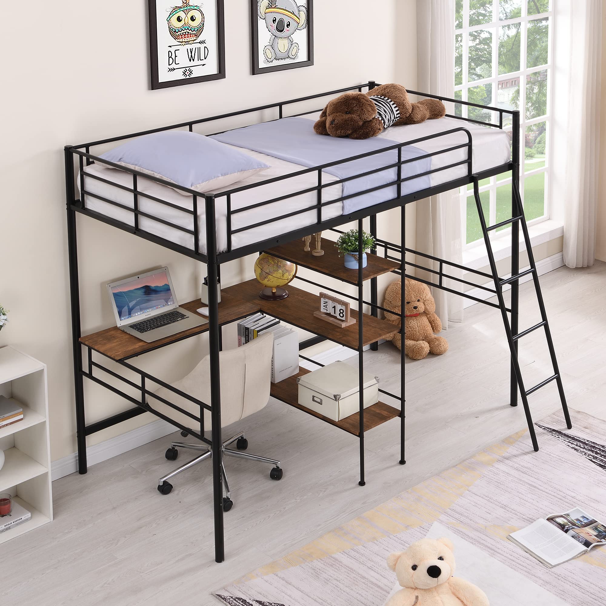 P PURLOVE Twin Size Metal Loft Bed with Desk for Kids,Girls,Boys,Twin High Loft Bed with Storage Shelves and Built in Ladder for Living Room,No Box Spring Needed,Black