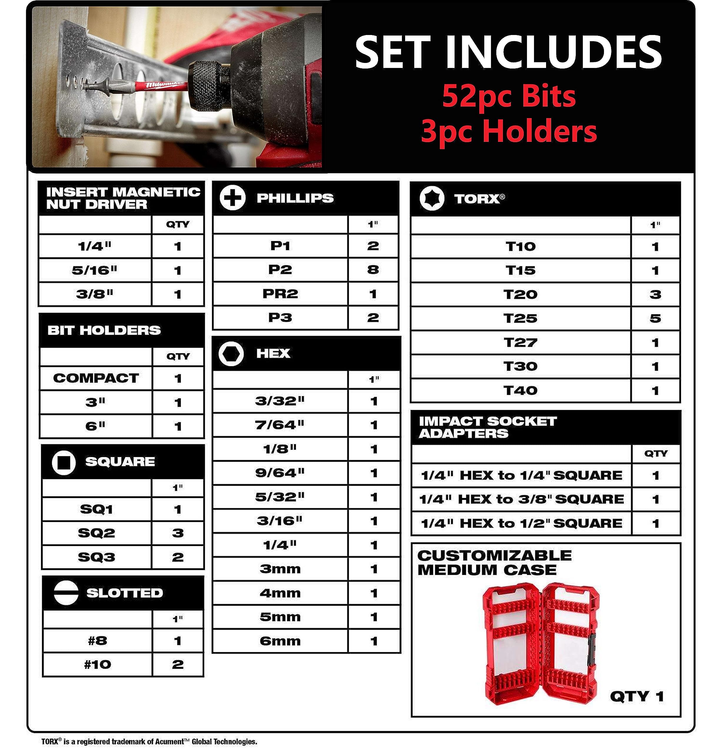 Milwaukee SHOCKWAVE Impact Duty Assorted Alloy Steel Screw Driver Bit Set with PACKOUT Accessory Case (52pc bits, 3pc Holders)