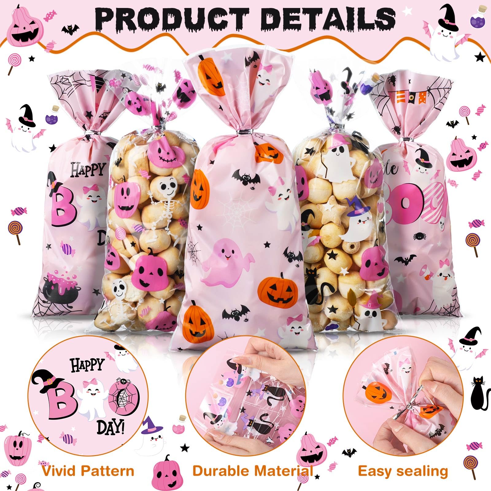 Yeaqee 100 Pcs Halloween Little Boo Baby Shower Favor Bags Pink Halloween Candy Treat Bags Bulk Little Boo Goody Gift Bags for Halloween Theme Kids Birthday Baby Shower Party Favors Supplies