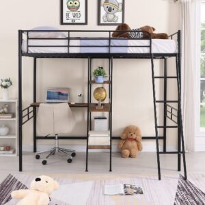 P PURLOVE Twin Size Metal Loft Bed with Desk for Kids,Girls,Boys,Twin High Loft Bed with Storage Shelves and Built in Ladder for Living Room,No Box Spring Needed,Black