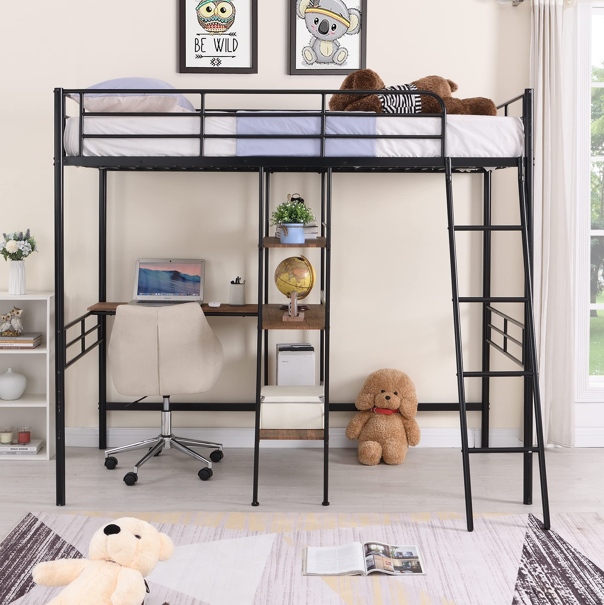 P PURLOVE Twin Size Metal Loft Bed with Desk for Kids,Girls,Boys,Twin High Loft Bed with Storage Shelves and Built in Ladder for Living Room,No Box Spring Needed,Black