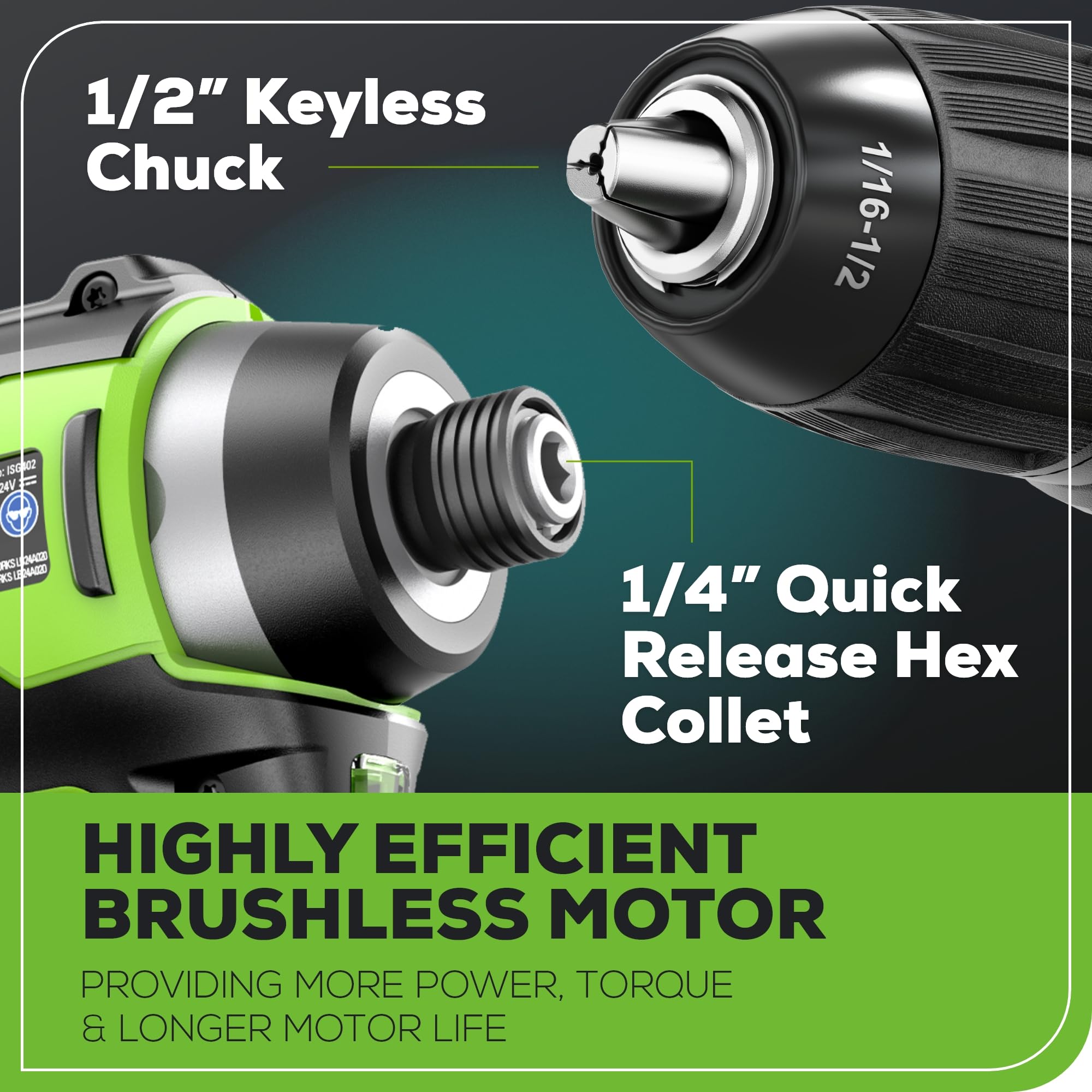 Greenworks 24V Brushless Cordless Drill and Impact Driver,Power Tool Combo Kit Included 1/2”Drill & 1/4”Hex Impact Driver and (2) Batteries, Fast Charger, 2 pcs Drill Bit Set & Bag