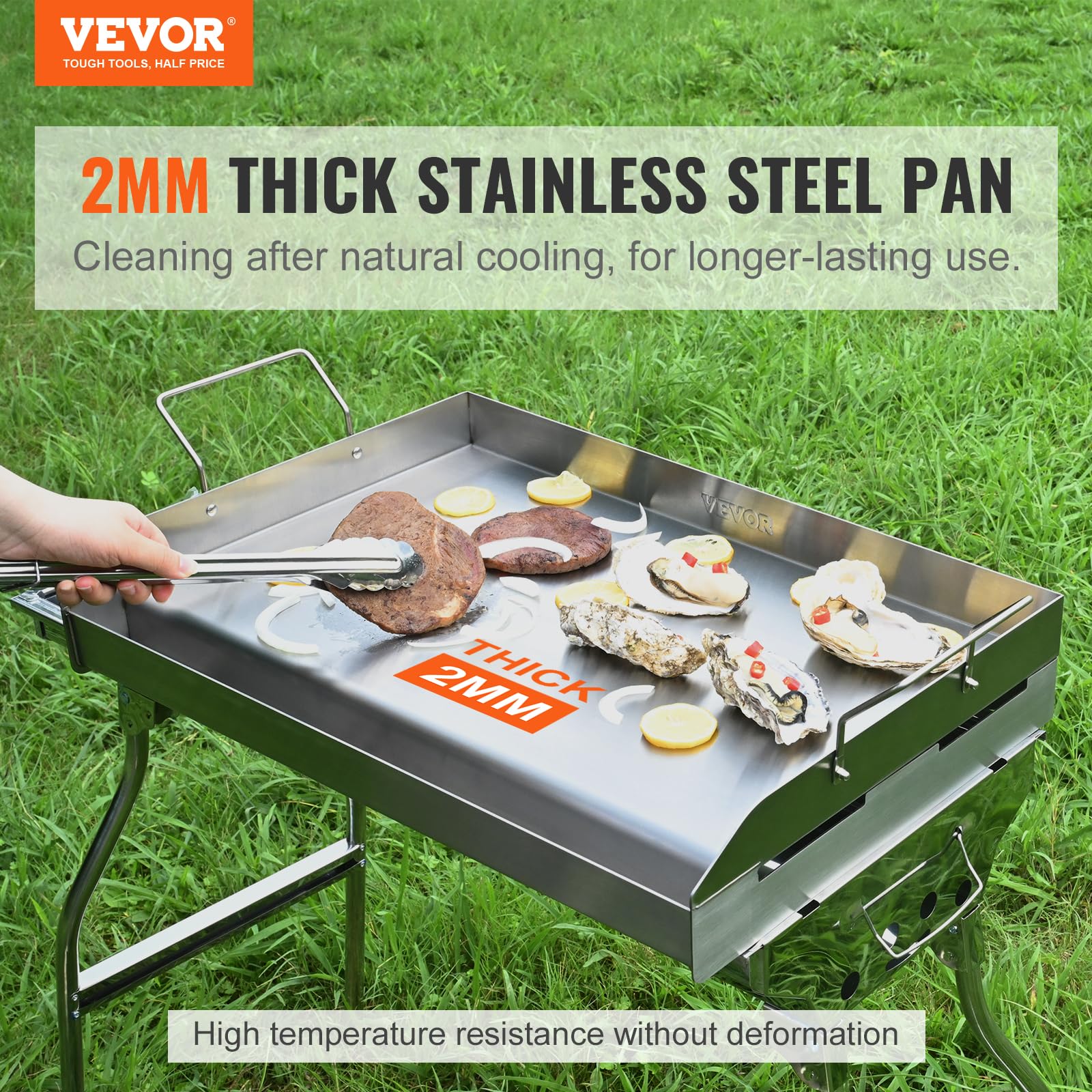 VEVOR Stainless Steel Griddle, 23.5"x16" Pre-Seasoned Stove Top Griddle, Rectangular Double Burner Griddle Pan, Non-Stick Family Pan Cookware with Handles and Oil Groove, for BBQ, Gas Grills, Silver