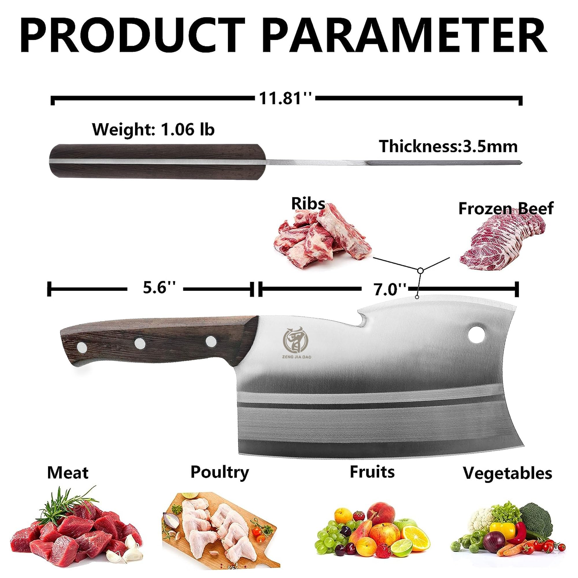 ZENG JIA DAO Meat Cleaver Knife, Dual Edges Butcher Knife Multi-Purpose Kitchen Chopping Knife for Meat Cutting Chinese Chefs Knife with Ergonomic Wenge Wood Handle With Gift Box