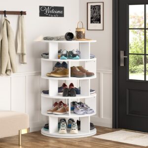 Aheaplus Rotating Shoe Rack, 5-Tier Wood Shoe Organizer for Closet, 360° Spinning Shoe Rack Tower Space-Saving Shoe Storage Shelf for Entryway, Garage, Bedroom, White