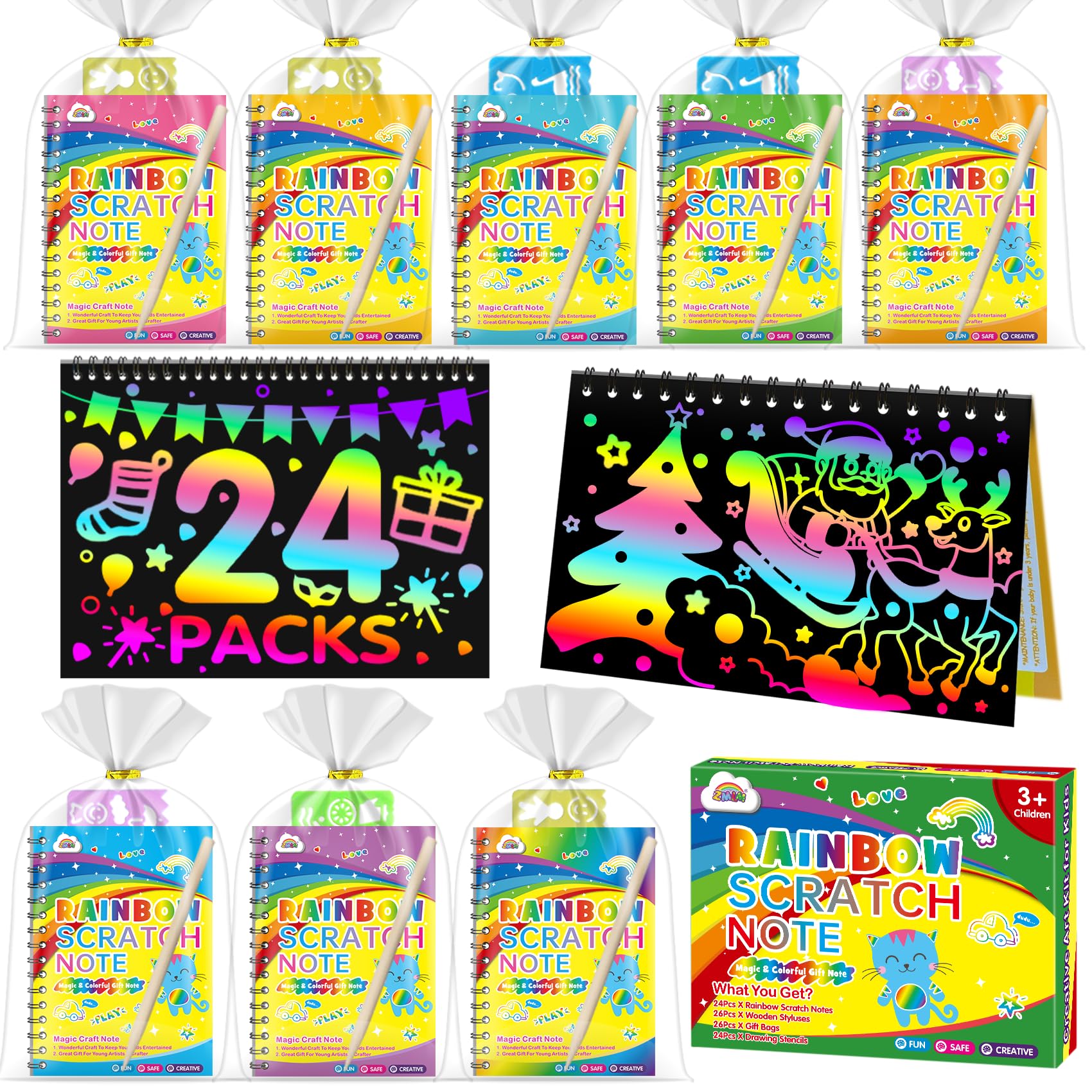 ZMLM Rainbow Scratch Party Favors Kids: Birthday Gifts Toy Bulk Scratch Art Notebook 24 Pack Scratch Paper Birthday Party Favor Girls Boys Art Craft Kit Scratch Pads Classroom Prizes