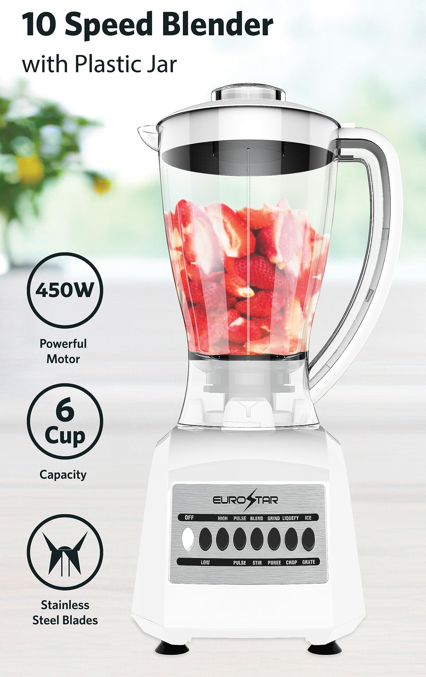 EUROSTAR EBL820WH 450W 10-Speed Plastic Jar Blender, White