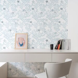 Dviolet Peel and Stick Wallpaper White and Light Blue Contact Paper Coral Wallpaper Coral/Seashell/Starfish Contact Paper Removable Wallpaper for Kids Room Walls 17.3"X 118"