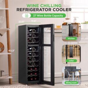 NutriChef PKCWCDS275 Chilling Refrigerator Cellar-Dual-Zone Wine Cooler/Chiller, Digital Touch Button Control with Air Tight Seal, Contains Placement for Standing (27 Bottle Storage Capacity), Black