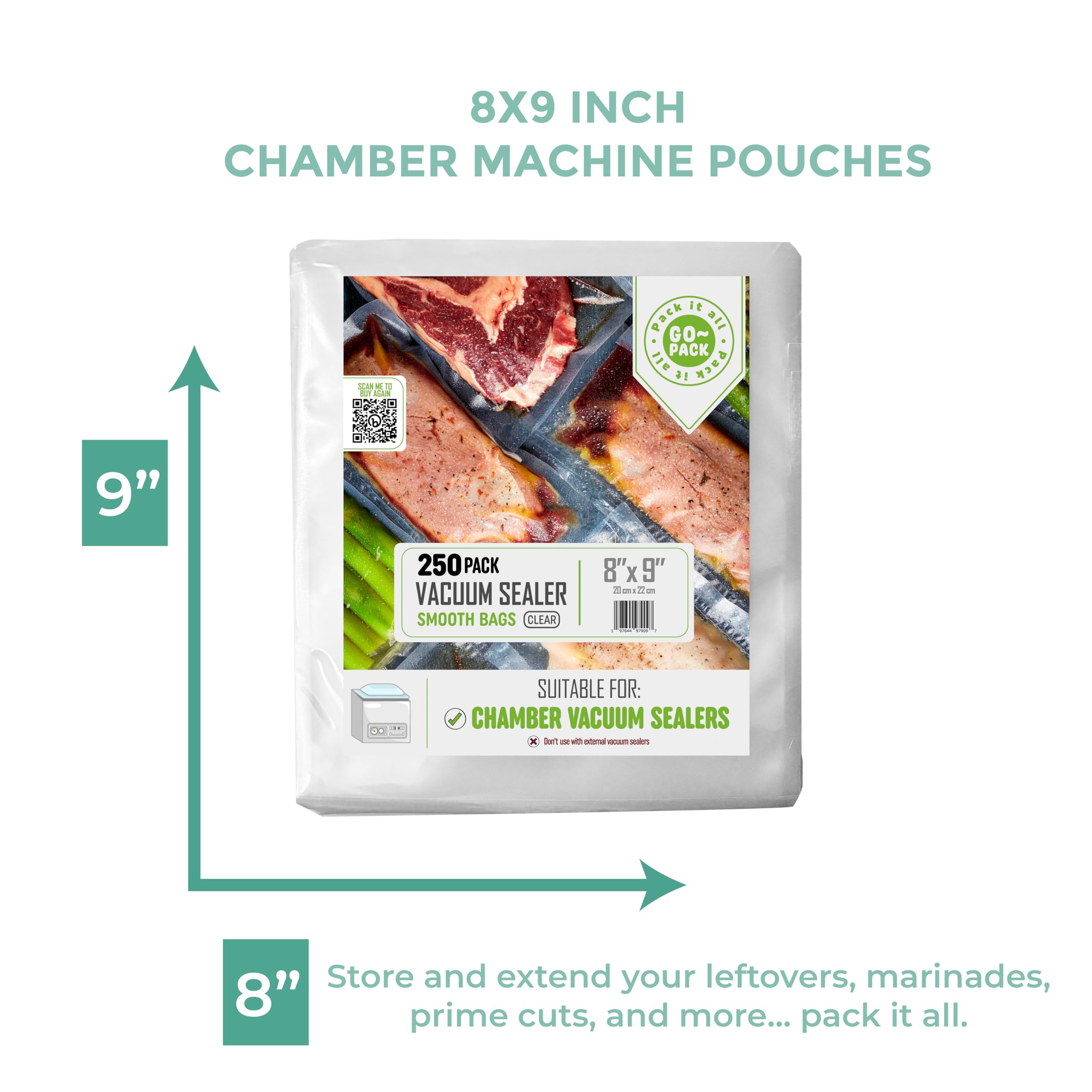 Chamber Machine Pouches, Pre-Cut Chamber Vacuum Sealer Bags, Heavy Duty Seal Pouch, BPA-Free Chamber Sealer, 8x9", Pack of 250 Vacuum Chamber Pouches, COLOR: CLEAR