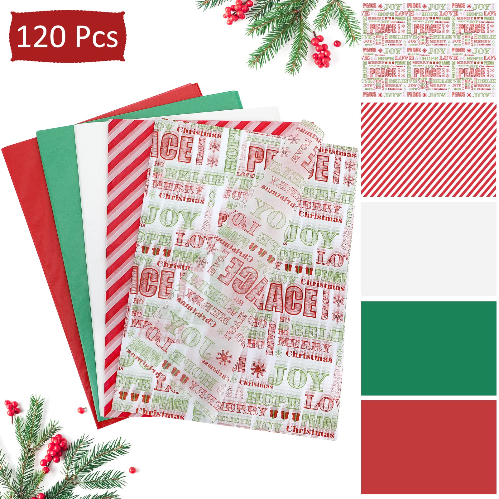 LOADSFUN Christmas Tissue Paper Bulk, 120 Sheets Christmas Tissue Paper for Gift Bags Assorted Design Gift Wrapping Paper, Red Green White Tissue Paper for Xmas Decor Holiday Crafts (Letters)