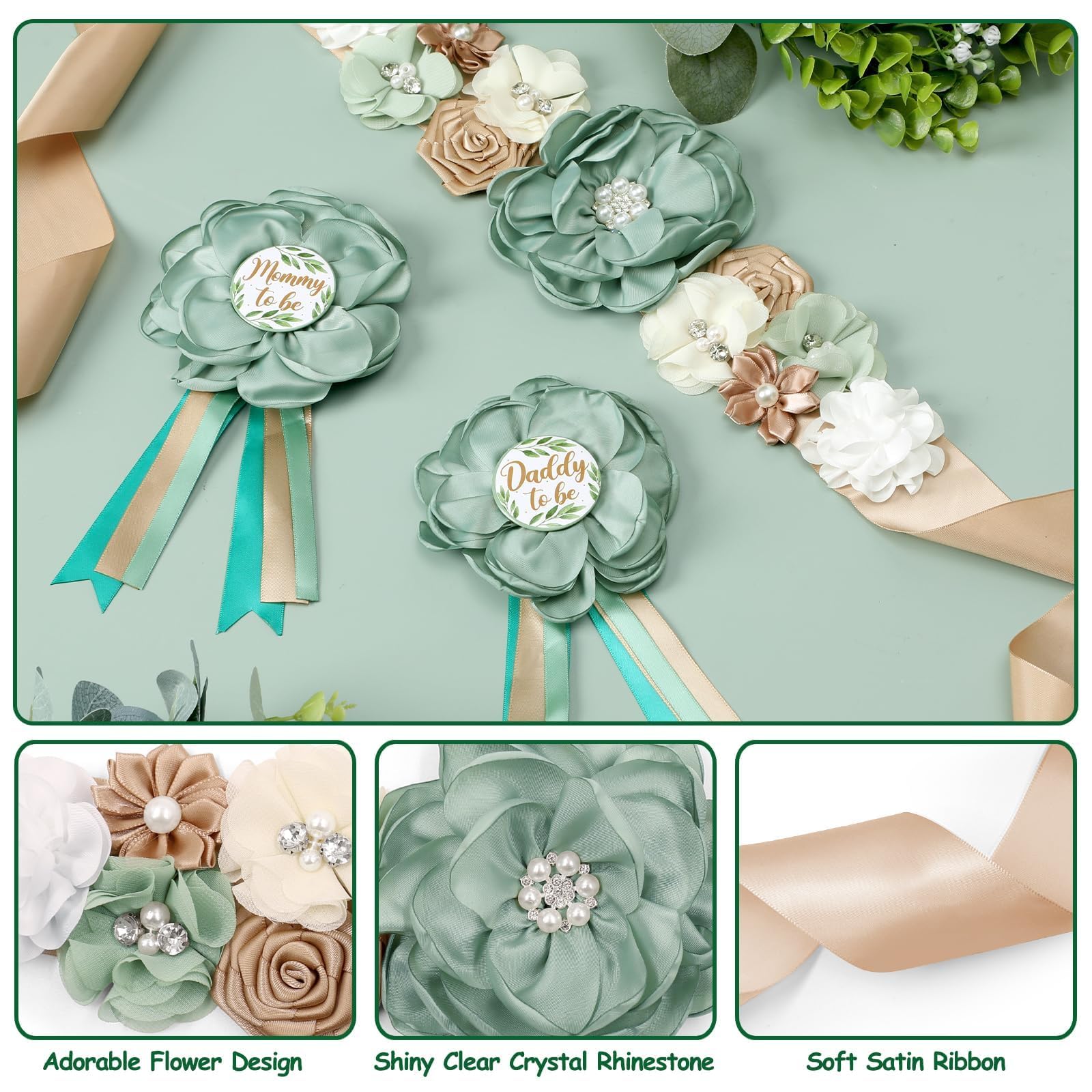 Sage Green Maternity Sash and Corsage Set Mom to Be Daddy to Be Corsage Greenery Theme Baby Shower Decorations Olive Green Belly Band Gender Reveal Party Gift Keepsake Pregnancy Photo Props