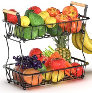 crixny 2 tier fruit basket for kitchen counter with 2 banana hangers, fruit bowl for kitchen counter, large fruit basket stand, fruit and vegetable storage fruit holder for produce snack onion bread