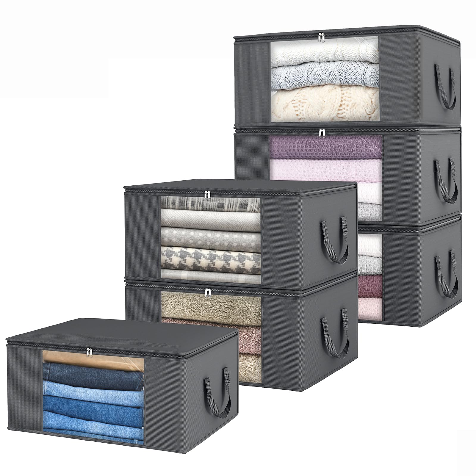 Fixwal Clothes Storage 6 Pack Storage Containers 48L Foldable Blanket Storage Bags for Organizing Clothing Bedroom Comforter Closet Dorm Sweater Quilts Organizer Grey