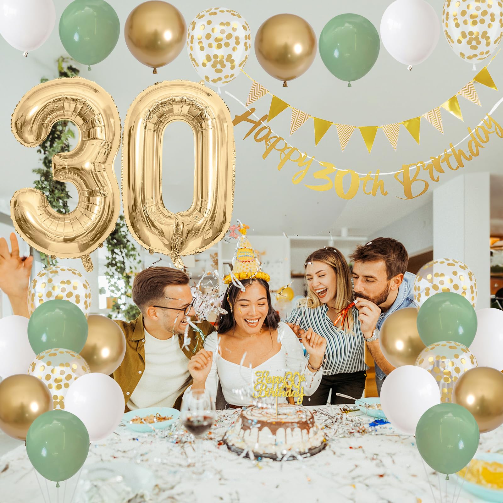 30th Birthday Decorations for Women Men, Happy 30th Birthday Banner with Birthday Cake Topper Number 30 Foil Balloon Sage Green White Gold Birthday Balloons for 30 Year Old Birthday Party Decoration