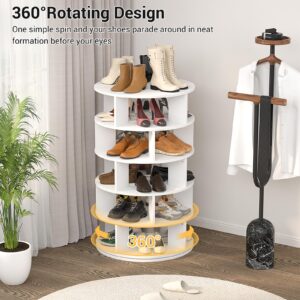 Aheaplus Rotating Shoe Rack, 5-Tier Wood Shoe Organizer for Closet, 360° Spinning Shoe Rack Tower Space-Saving Shoe Storage Shelf for Entryway, Garage, Bedroom, White