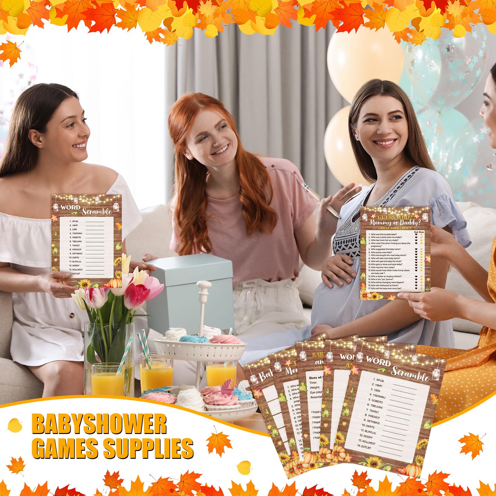 Harloon 142 Pcs Fall Baby Shower Games Set Include 130 Fall Baby Shower Party Game with 12 Pencils for Thanksgiving Pumpkin Autumn Baby Shower Favors Rustic Gender Reveal Neutral Baby Shower Games