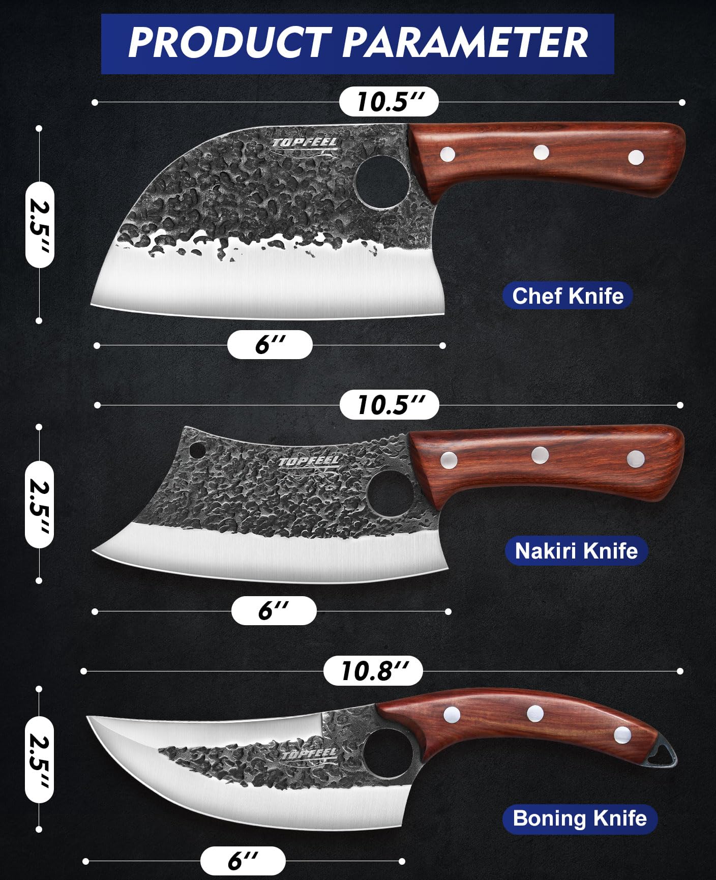 Topfeel 3PCS Butcher Knife Set, Hand Forged Serbian Chef Knife & Meat Cleaver Knife & Viking Knives, Meat Cutting Kitchen Knife Set for Home, Outdoor Cooking, Camping BBQ Gift Idea Men