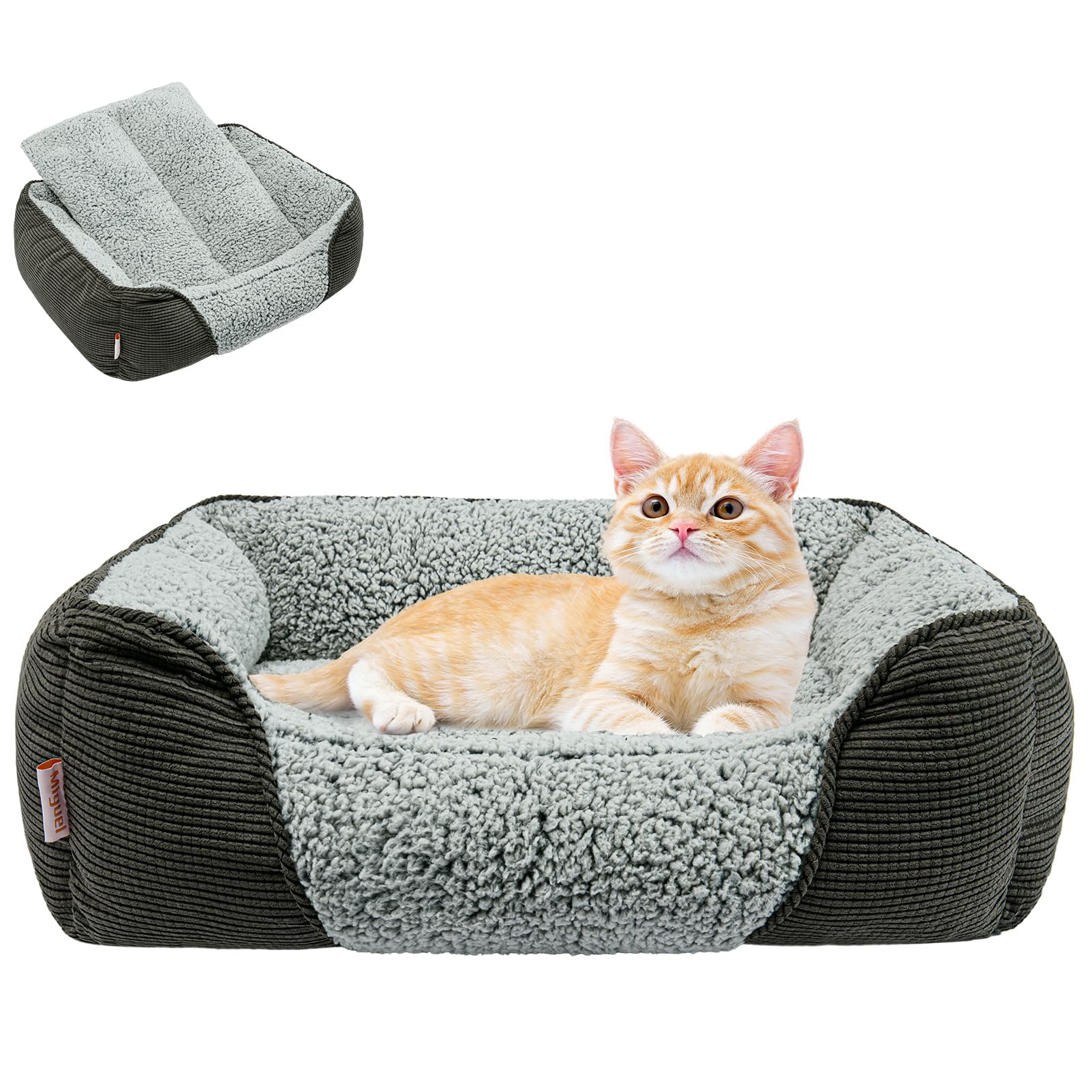 Miguel Washable Cat Beds for Indoor Cats with Removable Cushion, Easy to Wash Small Pet Sofa Bed with Side, Rectangle Bolster Kitten Bed Calming Cuddle Puppy Bed with Anti-Slip Bottom, Gray 20 Inch