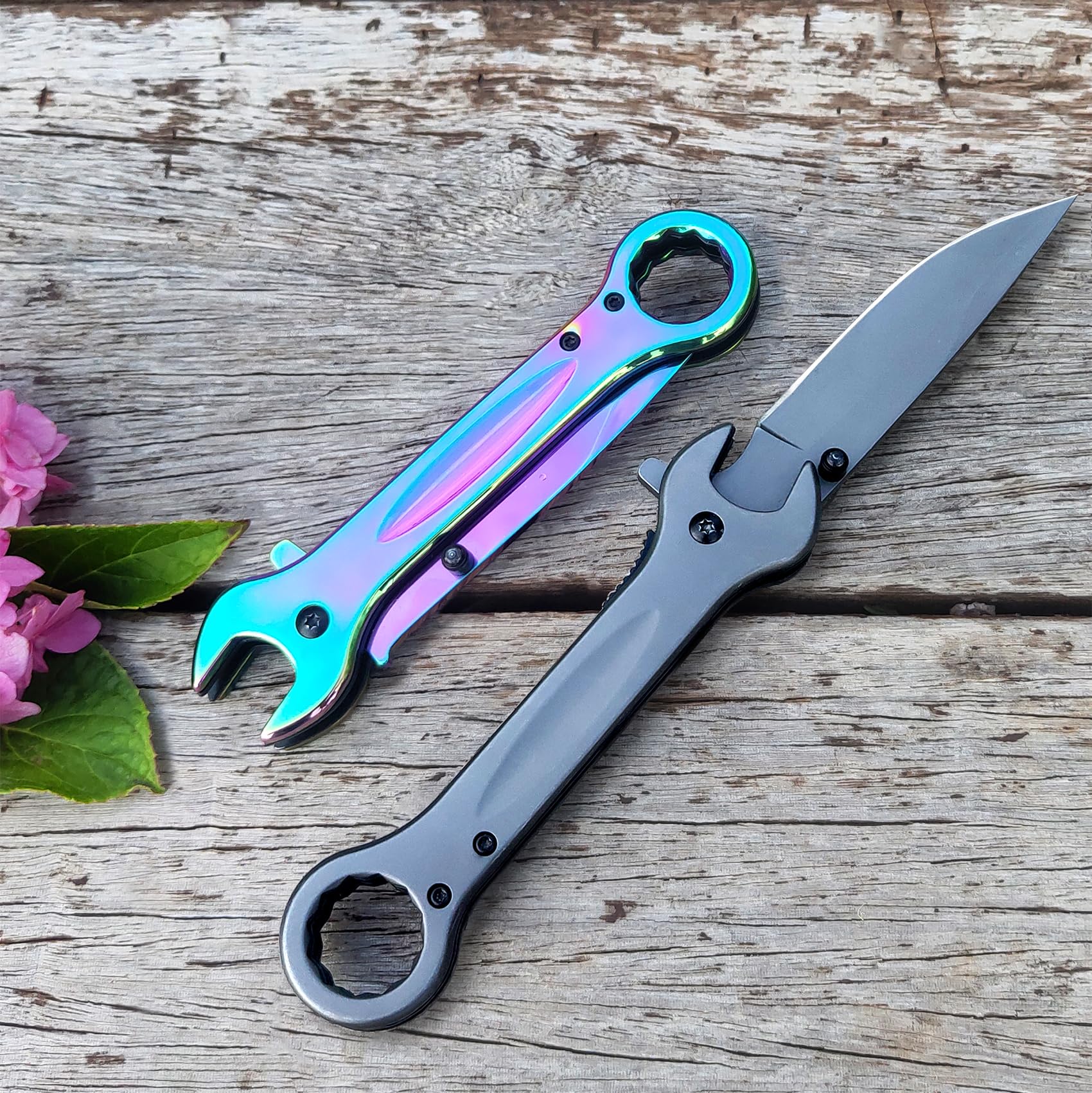 MADSMAUG Pocket Knife, Unique Utility Pocket Folding Knife with 14mm and 19mm wrenchs, Titanium plated Great Gift EDC Knife For Daily Work Outdoor Camping (Rainbow)