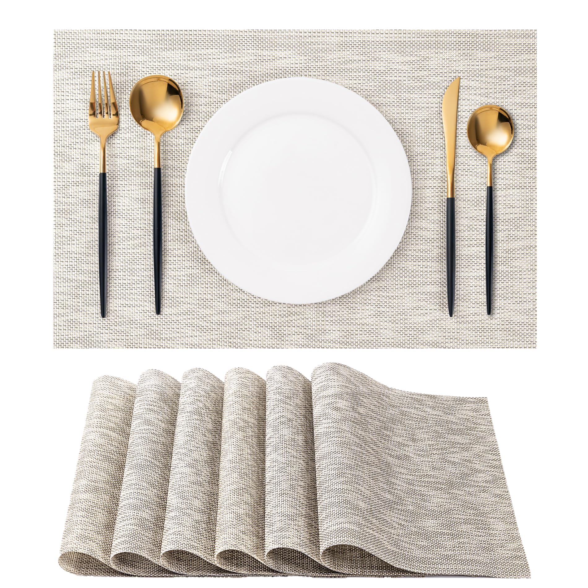 Placemats Set of 6 Washable Indoor/Outdoor Vinyl Place Mats for Dining Table Durable Non-Slip Heat Resistant PVC Weave Table Mats（Beige）