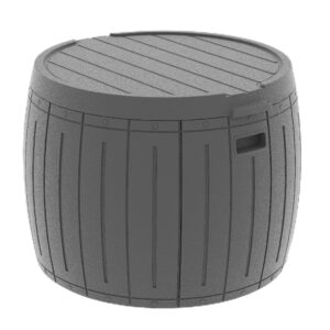 mrosaa deck box round, patio table, waterproof outdoor storage box for kid toys, patio furniture, pool tools, outdoor uses, sports equipment, waterproof and uv resistant resin, 27 gallons grey