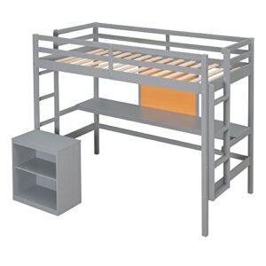 BOVZA Twin Size Loft Bed with Desk and Writing Board, Cabinet, Wood Loft Bed Frame with 2 Built-in Ladder and Guardrails for Kids Teens Girls Boys, Gray