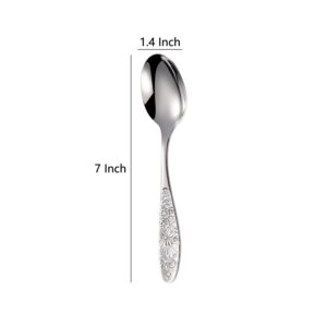 Ouliget Hammered Pattern Stainless Steel Bouillon Spoon,Embossed Pattern Flatware,Hammered Surface Dessert Spoons,7 Inch,Set of 4.