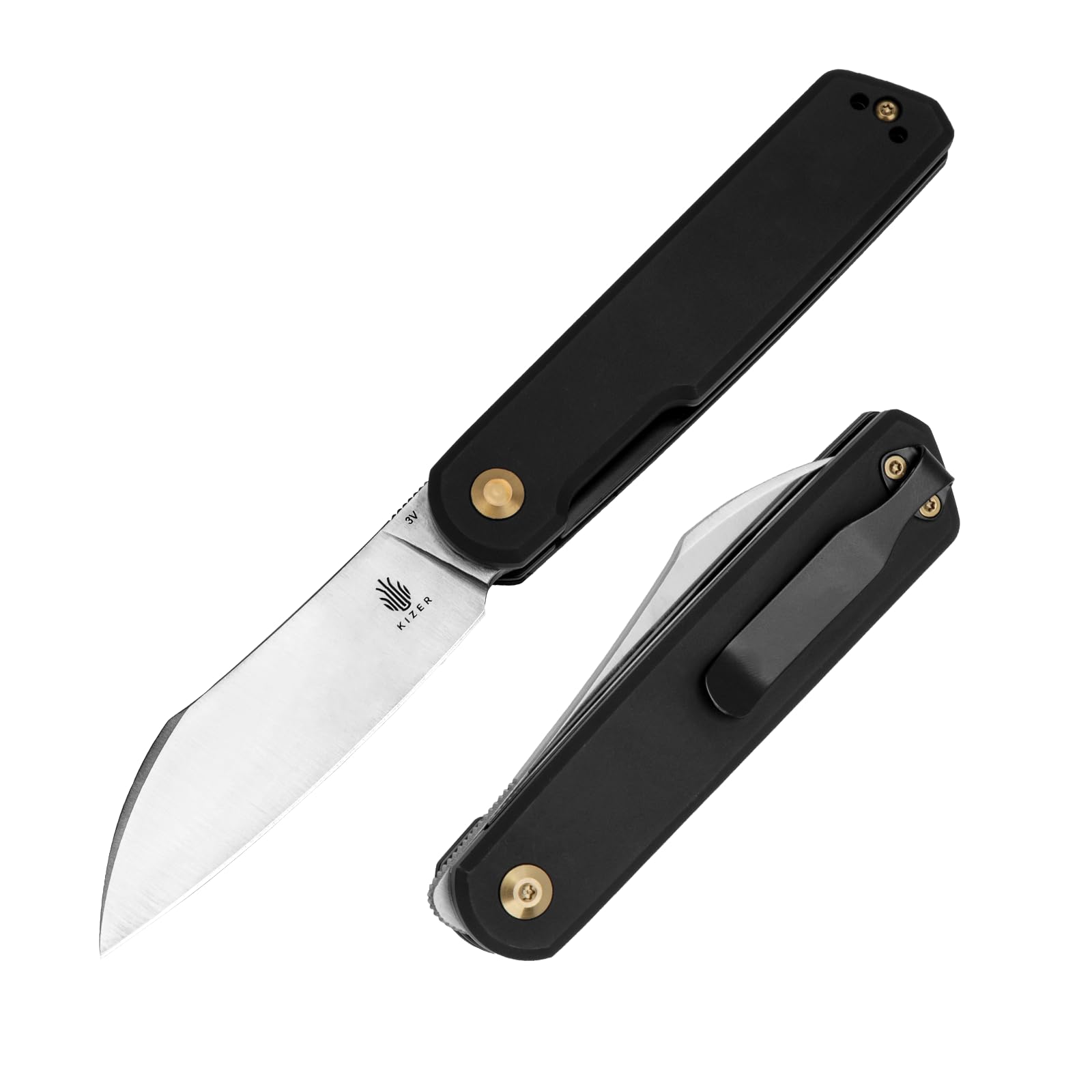 Kizer Klipper EDC Knife 3.15 In 3V Steel Blade, Black Aluminum Handle Pocket Knife with Front Flipper Opener, V3580C1