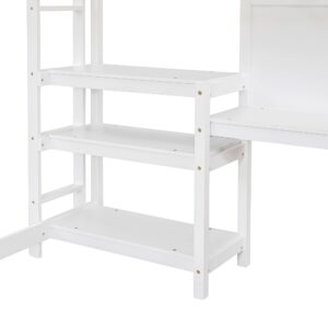 Full Size Loft Bed with Desk and Storage,Wood loft beds,for Girls Boys Teens Adults,No Box Spring Needed（White）