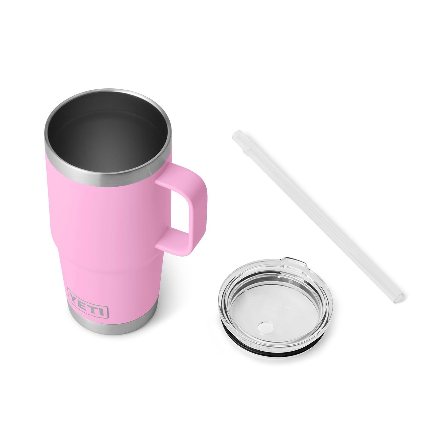 YETI Rambler 25 oz Tumbler with Handle and Straw Lid, Travel Mug Water Tumbler, Vacuum Insulated Cup with Handle, Stainless Steel, Power Pink